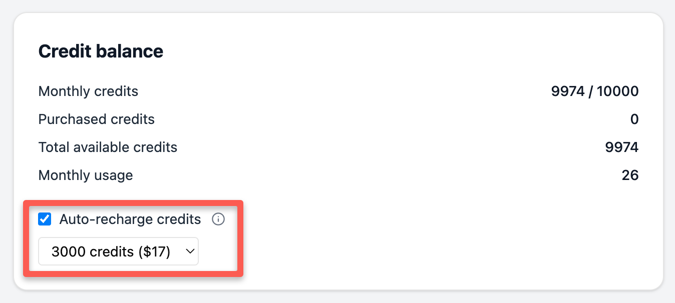 Credit Balance section showing the auto-recharge checkbox and package selection dropdown