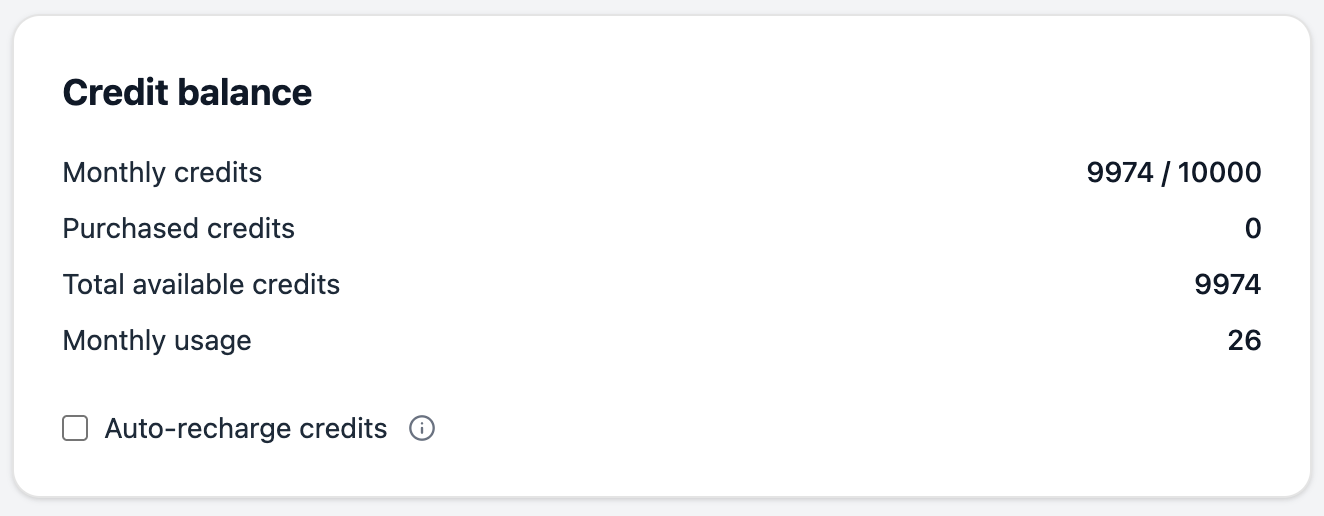 Credit Balance section on the Billing page, showing all four credit metrics with example values