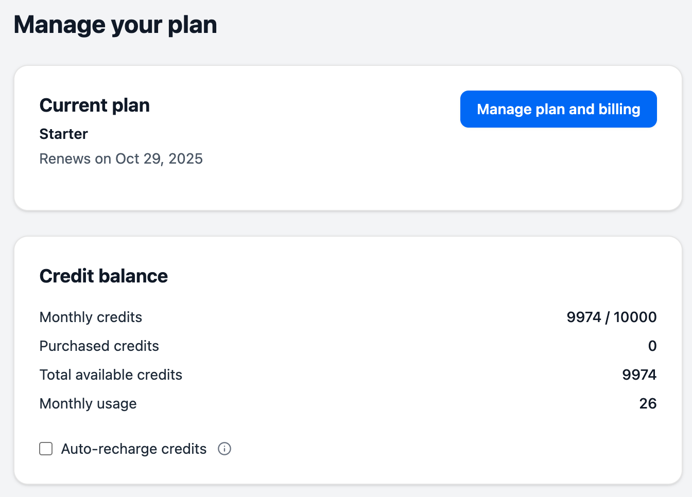 An image showcasing the Current Plan and Credit Balance sections on the Account / Billing page of the Product Classifier dashboard.