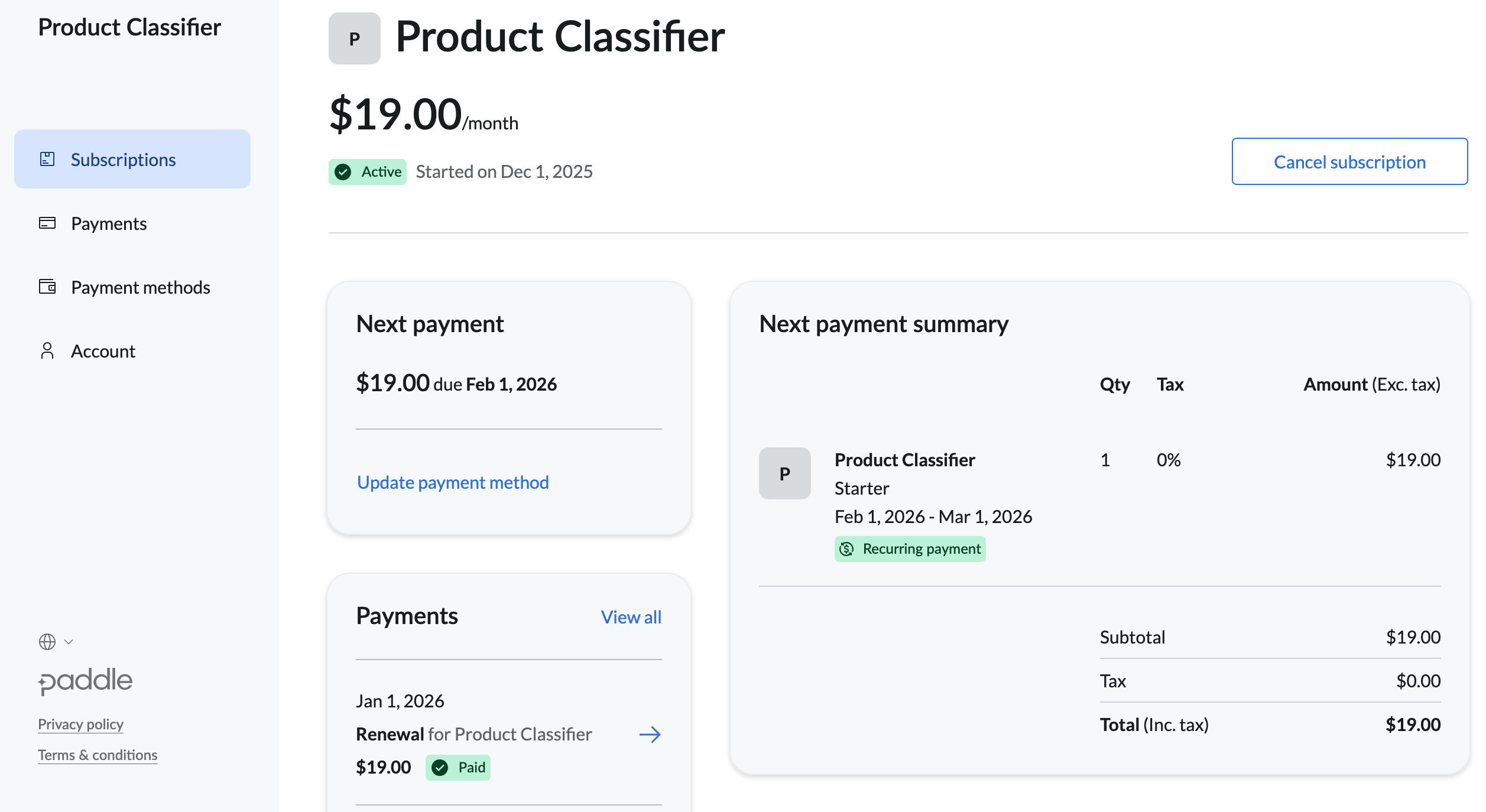 Active subscription detail page