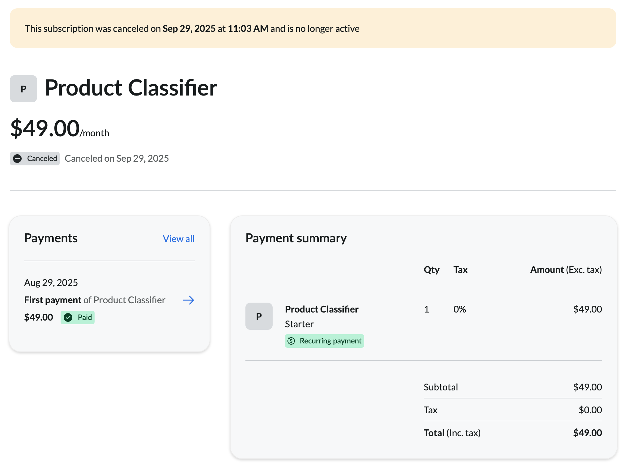 Canceled subscription detail page