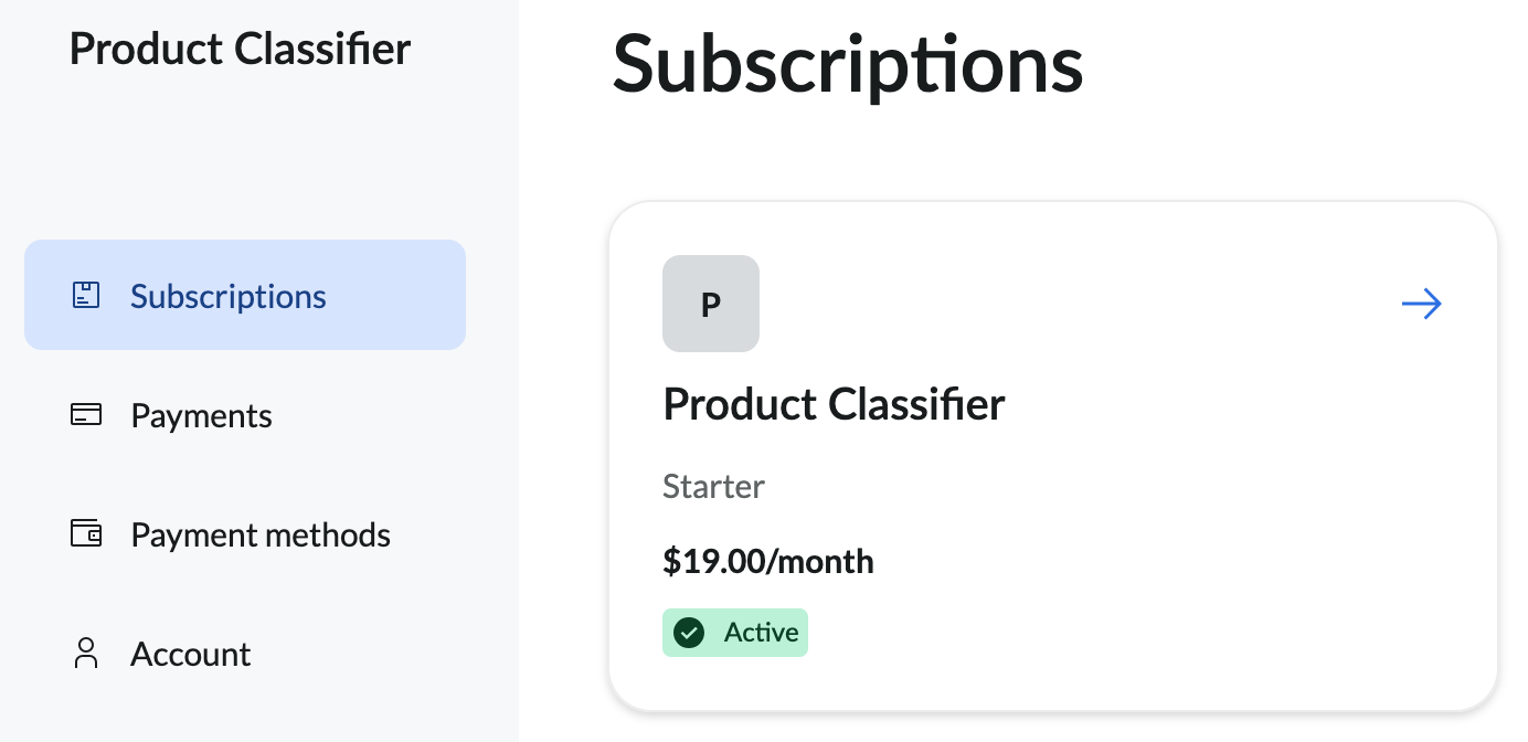 Subscriptions page showing menu items and selected subscription