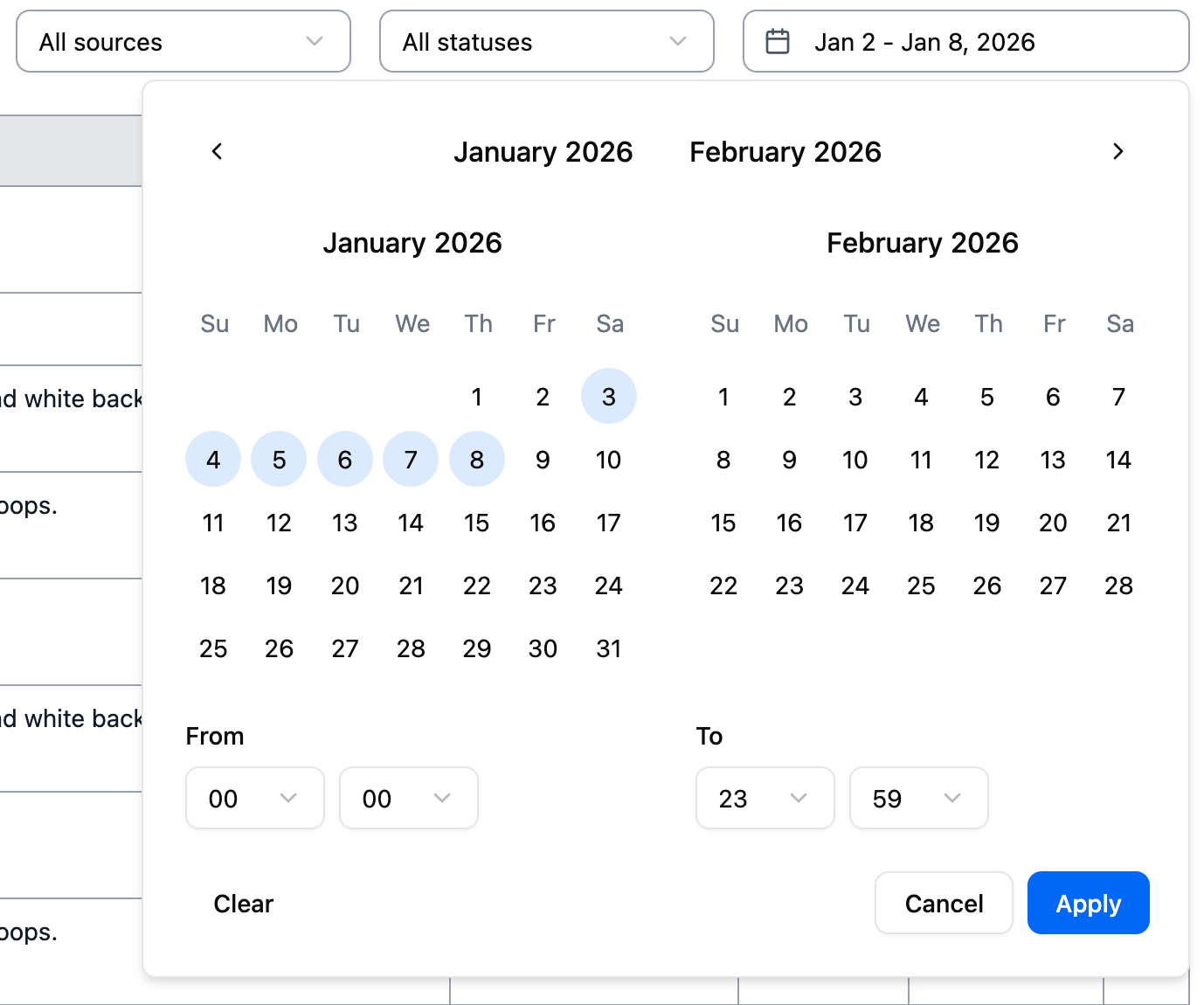 Date range picker showing calendar interface with a selected range
