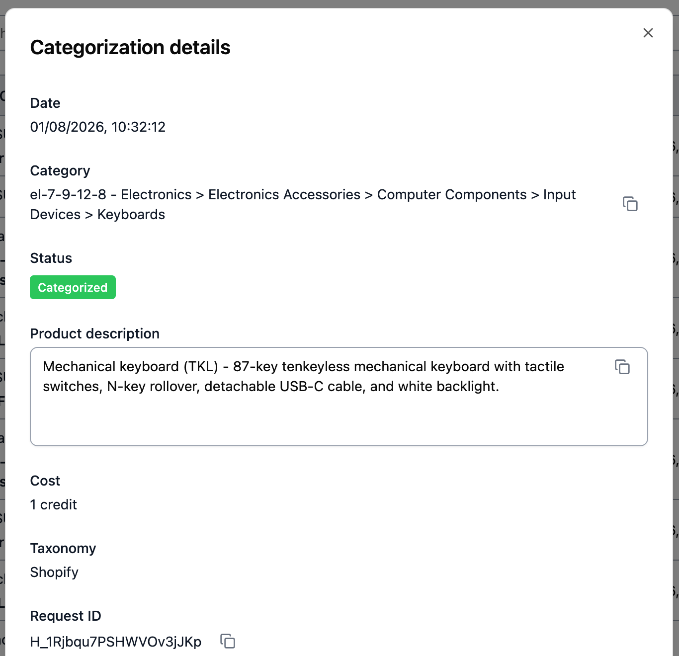 Request details modal showing all fields including truncated product description with copy button
