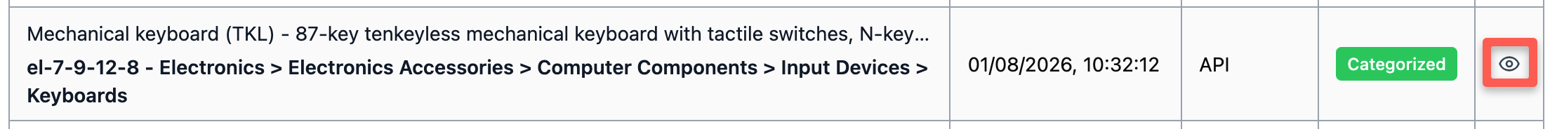 History table row with the View button highlighted