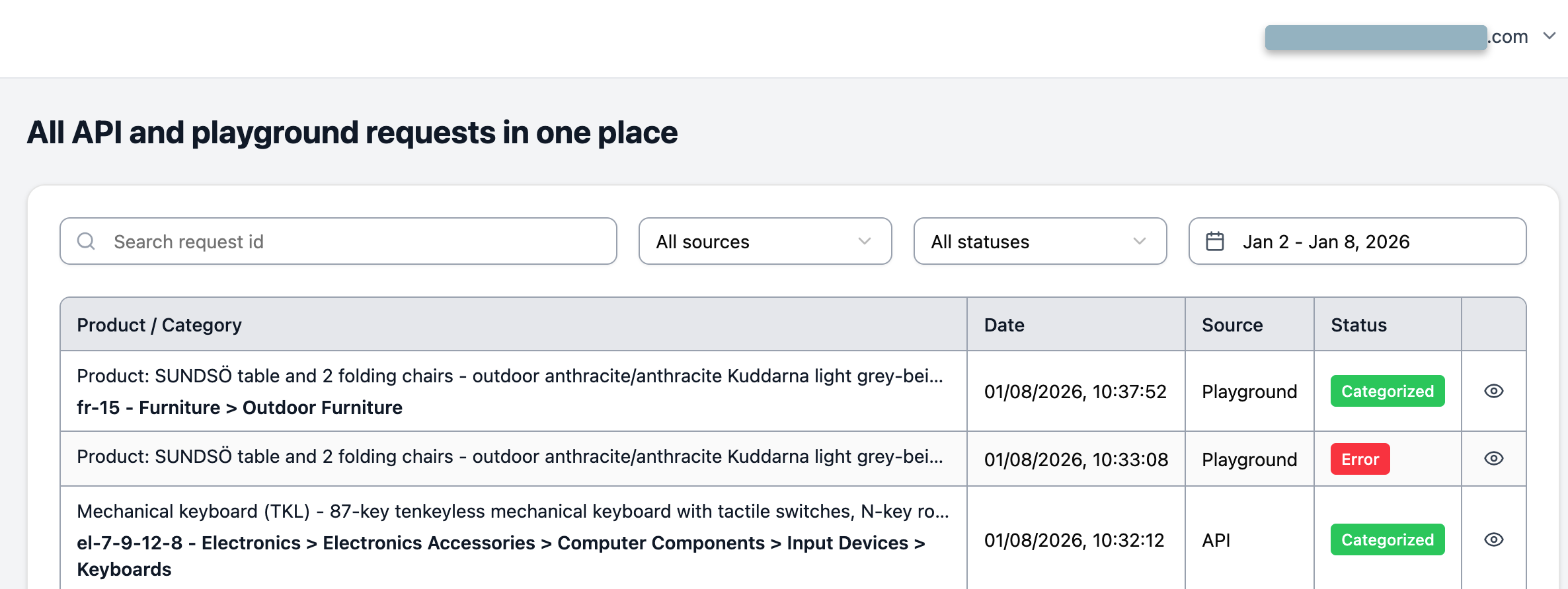 History table showing multiple entries with product descriptions and categories in bold.