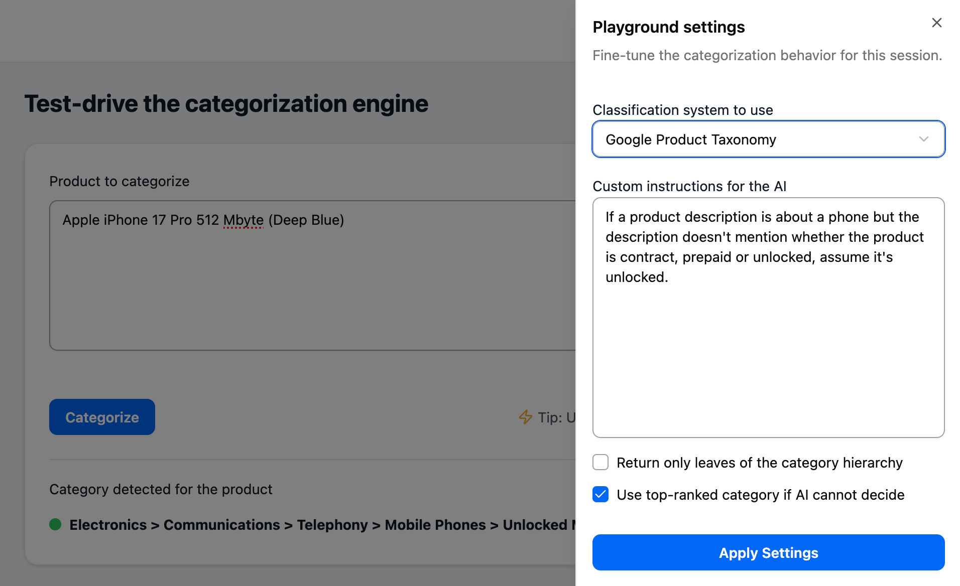 Playground Settings slideover showing settings with custom instructions